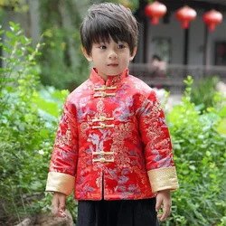 Chinese Traditional Clothing for Kids New Year Baby Boy Festival Retro Fancy Golden Dragon Tang Suit Printed Satin Top Pants Set