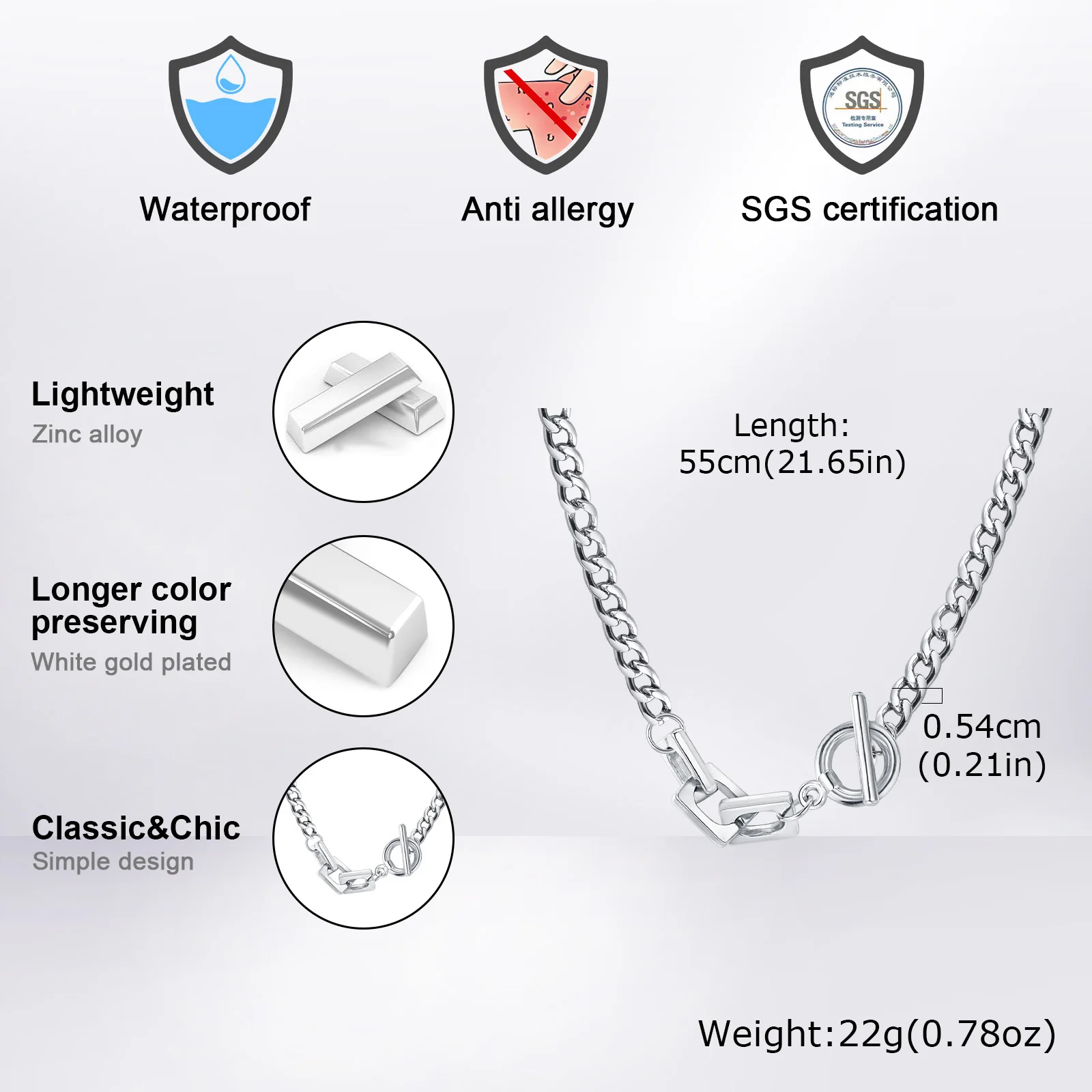 Vnox Bold Stainless Steel Square Links Charm Pendant Necklaces for Men Women with Toggle Clasp, Never Fade Unisex Cuban Collar