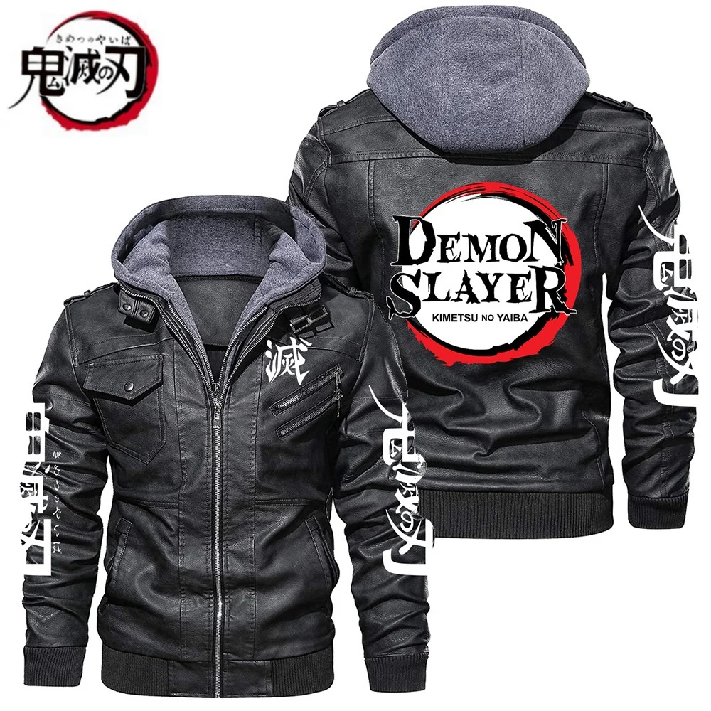 

Байкерская куртка больших размеров в стиле панк, мужская байкерская куртка Demon Slayer на флисовой подкладке с капюшоном, осенне-зимнее повседневное пальто, ветрозащитное мотоциклетное пальто