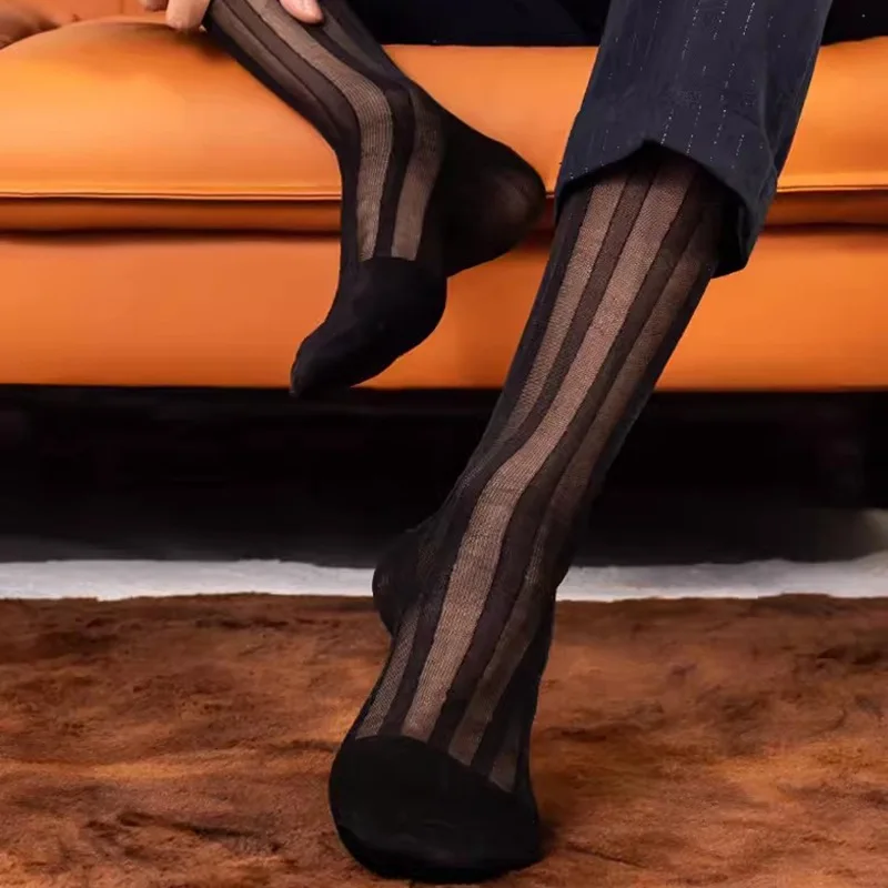 Business Men\'s Formal  Summer Nylon Europe and The United States Thick Stripes in The Long Solid Color Business Stockings Sexy