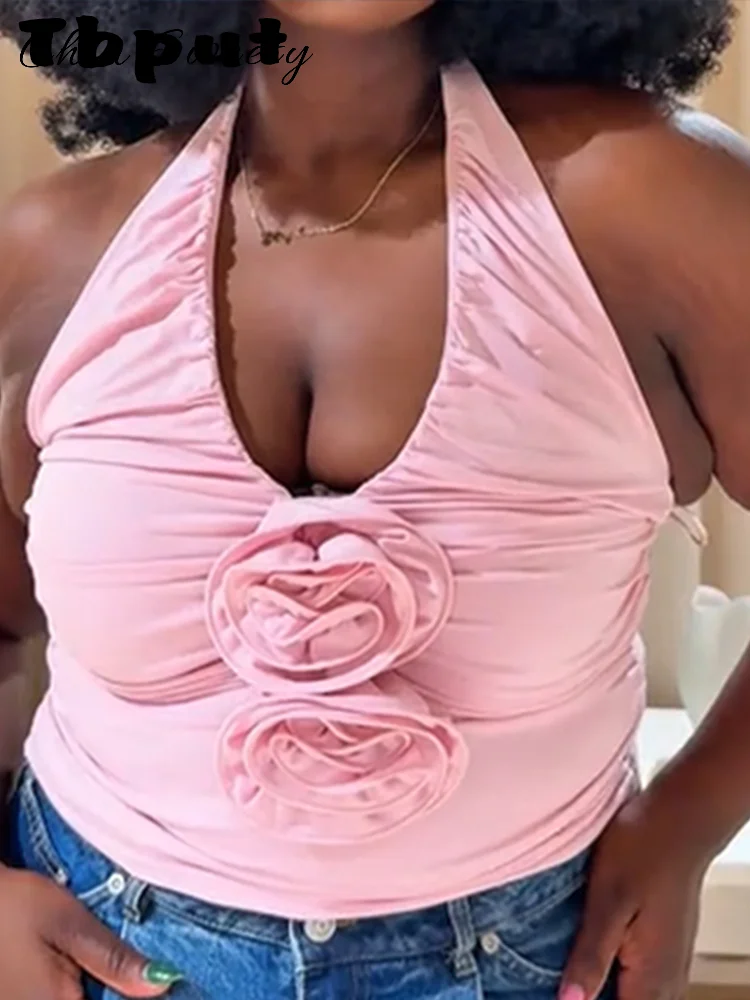 Casual 3d flor halter ruched camisa feminina sólida com decote em v sem mangas magro colheita topos feminino 2025 primavera verão senhora chique colete novo