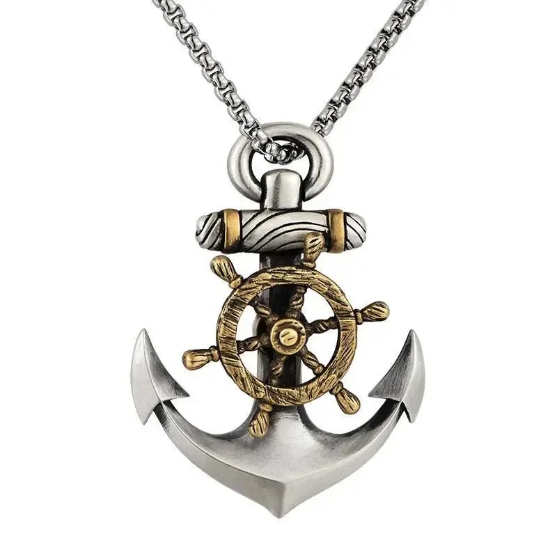 Retro Norse Mythology Pirate Ship Helm Anchor Pendant Necklace Men\'s Fashion Personality Rock Punk Jewelry