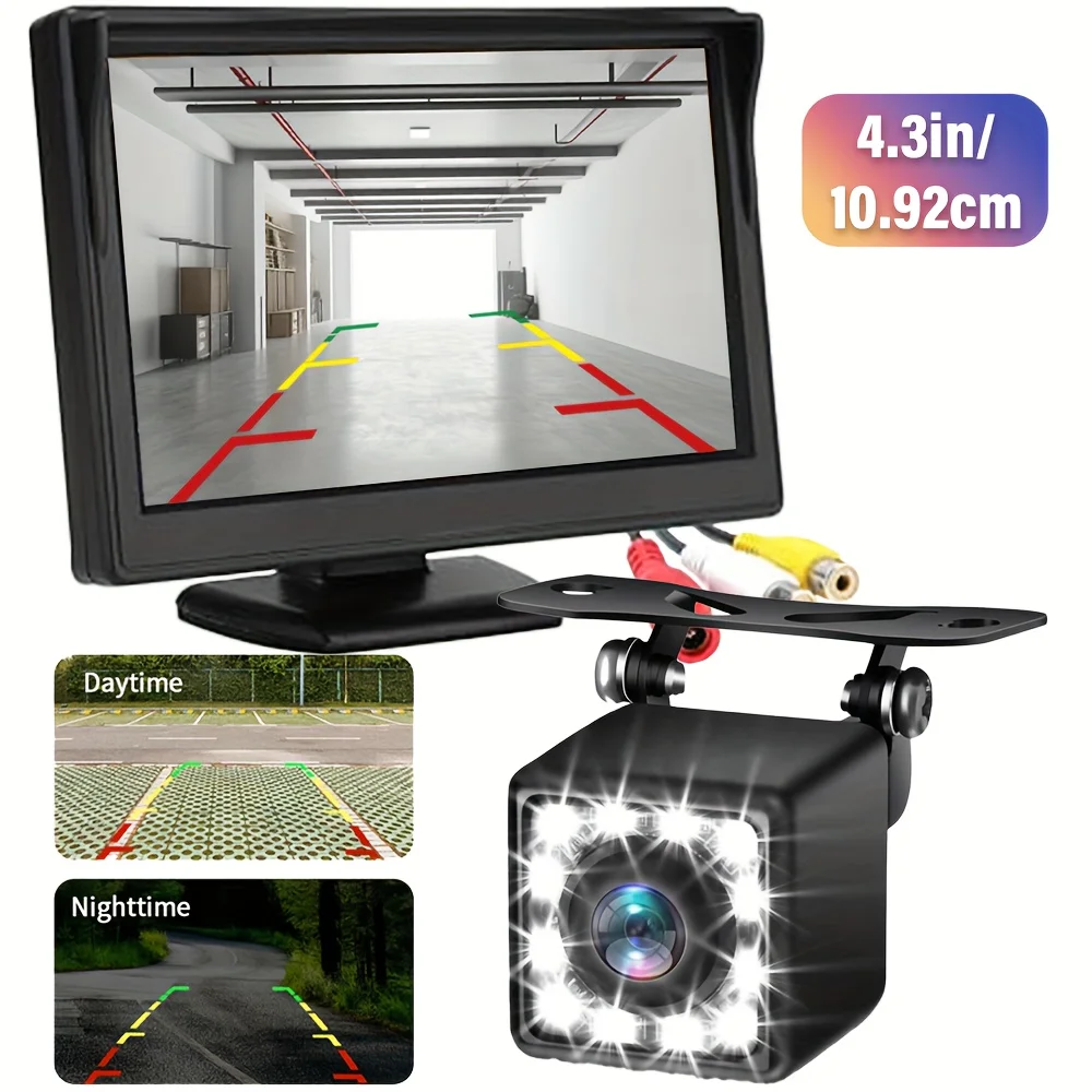 4.3-inch Car Reversing Mirror with 12-LED Park Assist Camera - Safe Driving Aid System, Clear View and Easy Installation