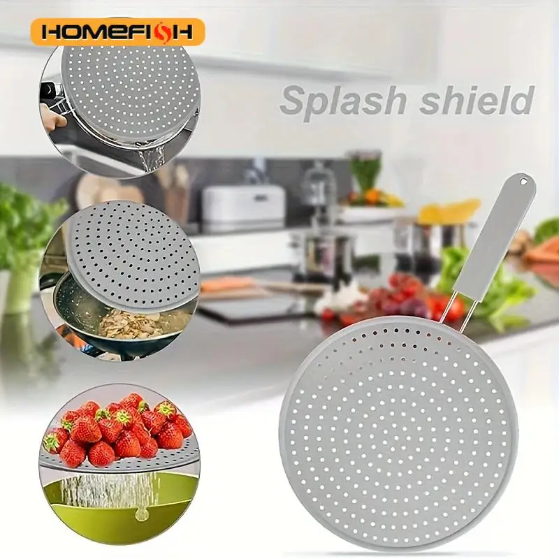 Silicone Kitchen Splatter Screen with Handle Heat-resisting Oil Splash Guard Drain Board Cover Kitchen Frying Pan Lid
