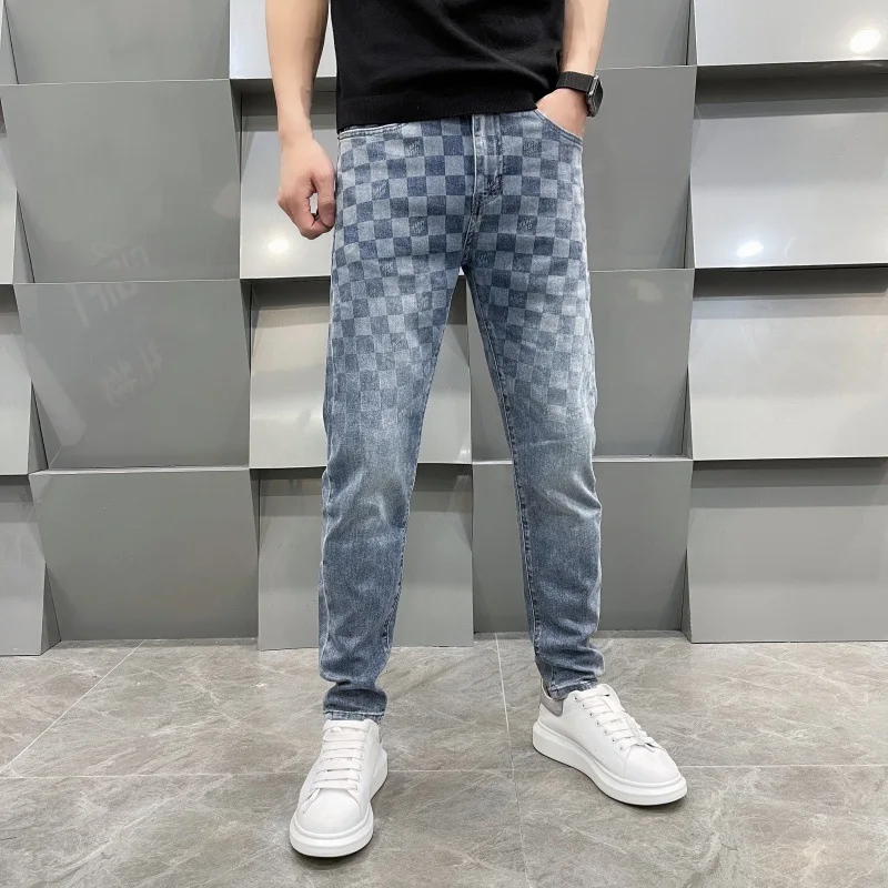 Light luxury high-end jeans Men\'s Fashion Square plaid printed design Stretch Slim fit light straight-leg trendy pants