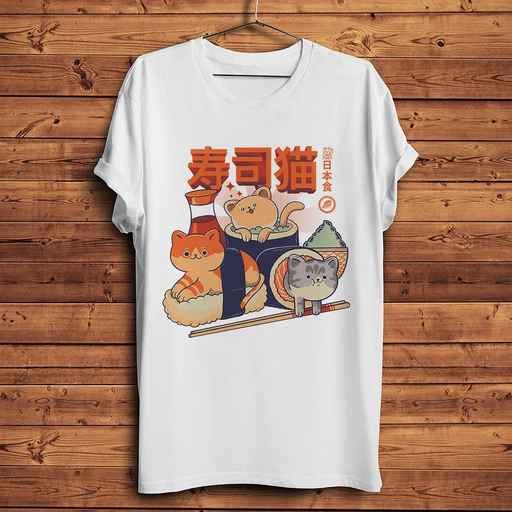 Cuisine Kawaii Cats Sushi Funny T Shirt,Men New White Casual Short Sleeve Tshirt,Cute Cat Streetwear Tee, Breathable Print