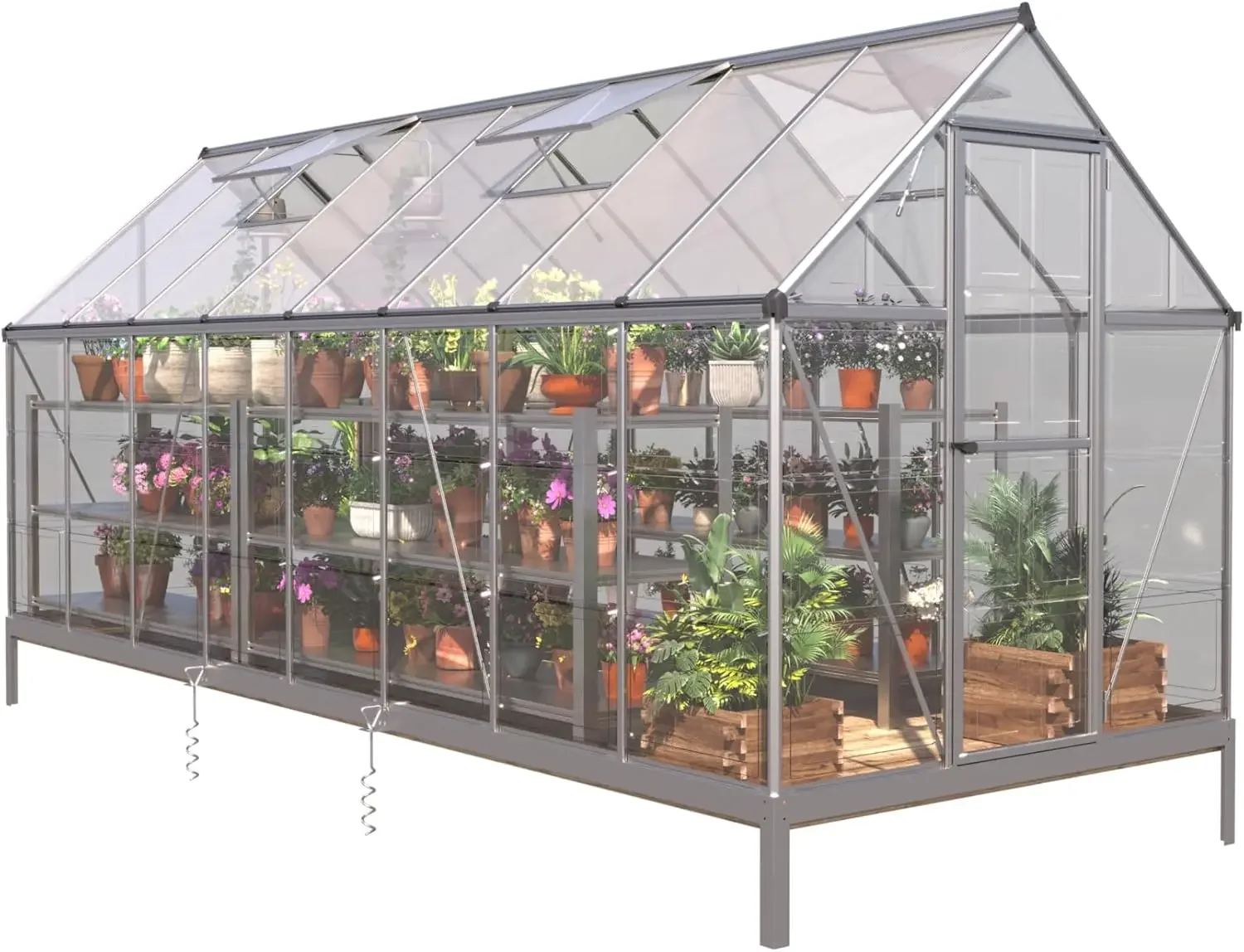 6x16 FT Hybrid Polycarbonate Greenhouse with Hinged Door and 4 Vent Windows, Lockable Aluminum Walk-in Hobby Greenhouse