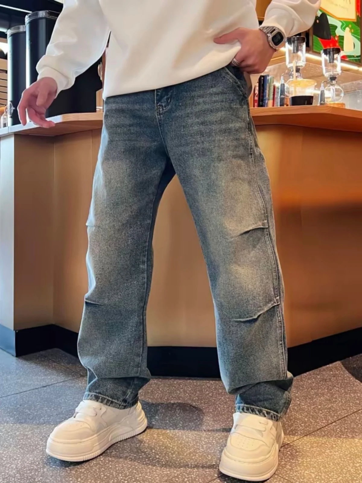 

Retro American Waed Pleated Straight Leg Jeans Men's Versatile Skin-friendly Breathable Casual Pants Cotton Denim