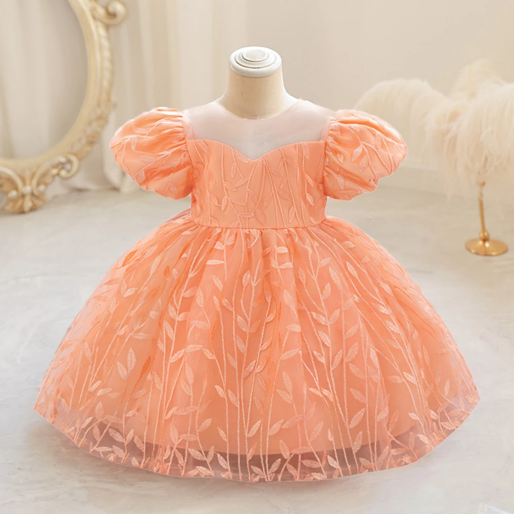 Infant Girl Leaf Embroidery Dresses Baby Girls Party Dress Toddler 1st Birthday Baptism Bow Gown Kids Puff Sleeves Evening Wear