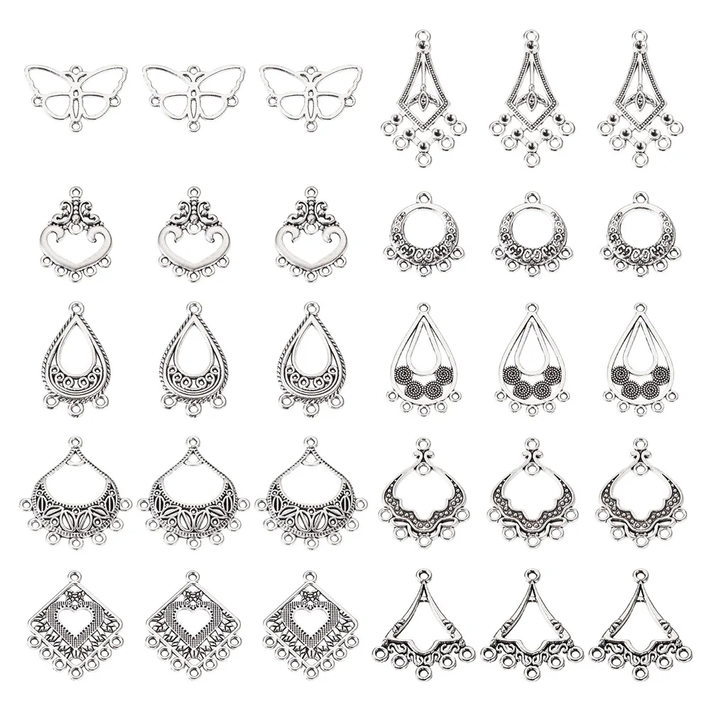 

60Pcs Tibetan Style Alloy Chandelier Component Links Retro Hollow Teardrop & Kite & Butterfly Connector DIY Bracelets Making