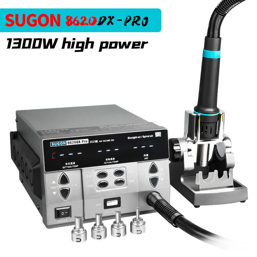 SUGON 8620DX PRO 1300W Hot Air Rework Station Microcomputer Temperature Control BGA Rework Station Curved Nozzle Welding Repair