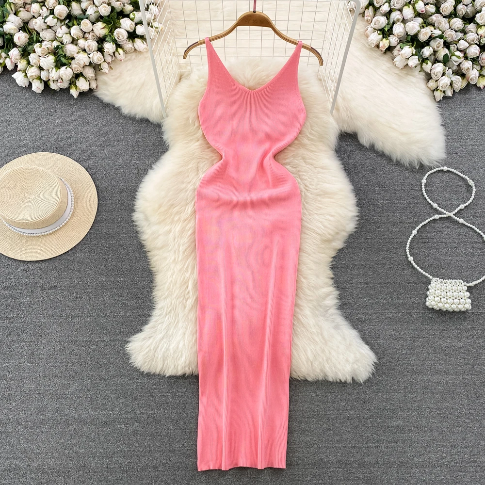 

Korean Knitted V Neck Dress Women's Summer Dress New Slim Waist Slim Slit Sleeveless Suspender Casual Dress Vestidos