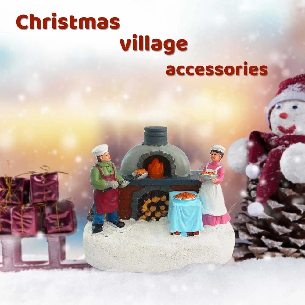 LED Lights Christmas Village Accessories Decor Bread Bakers Collectible Building Figurines Indoor Home Fireplace Holiday Display