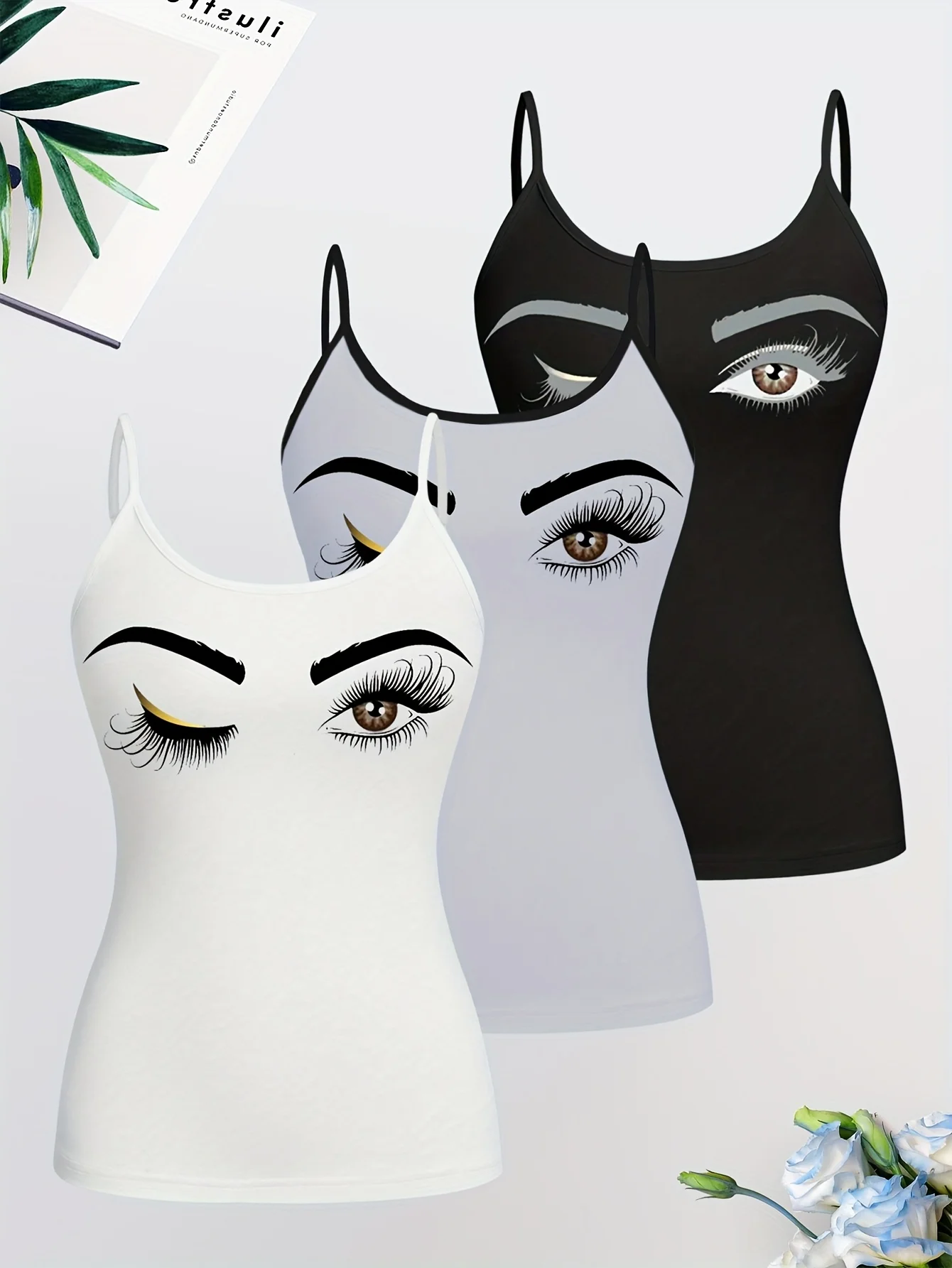 เสื้อเกาะอกหรูหรา 3 ชิ้น พร้อมสายสะพายไหล่บาง เสื้อถักแขนกุด พร้อมลายพิมพ์