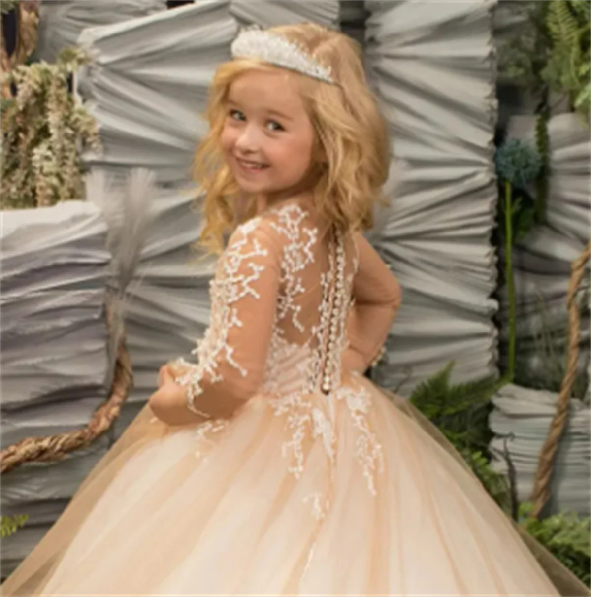 Vestido de flores champán para niña, Apliques de encaje de tul esponjoso, vestido elegante de flores para boda, Primera Comunión para niño, fiesta de cumpleaños