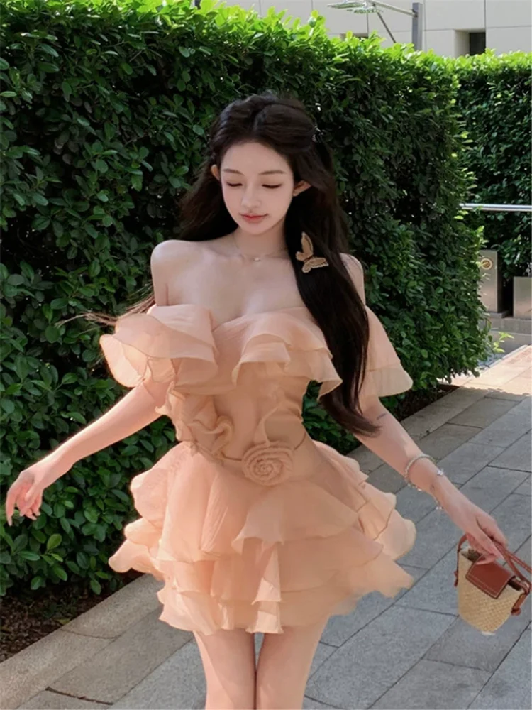 

French Women Elegant Floral Ruffles Strapless Party Dress New Sexy Small Girl Summer Off Shoulder Slash Neck A Line Mini Dress