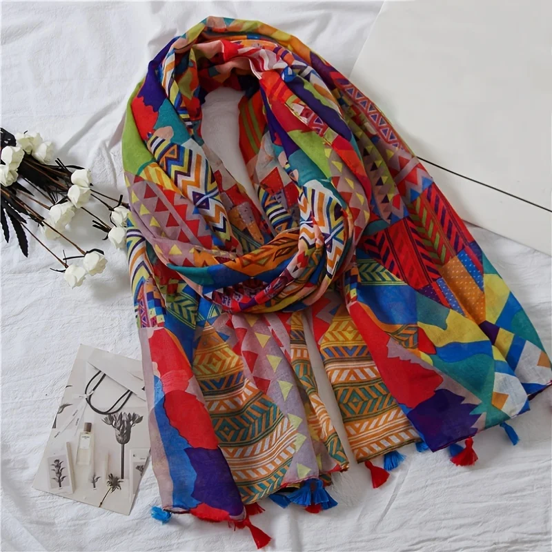 Ethnic Style Geometric Colorful Matching Tassel Shawl Scarf Women's Fashion Retro Warm Scarf