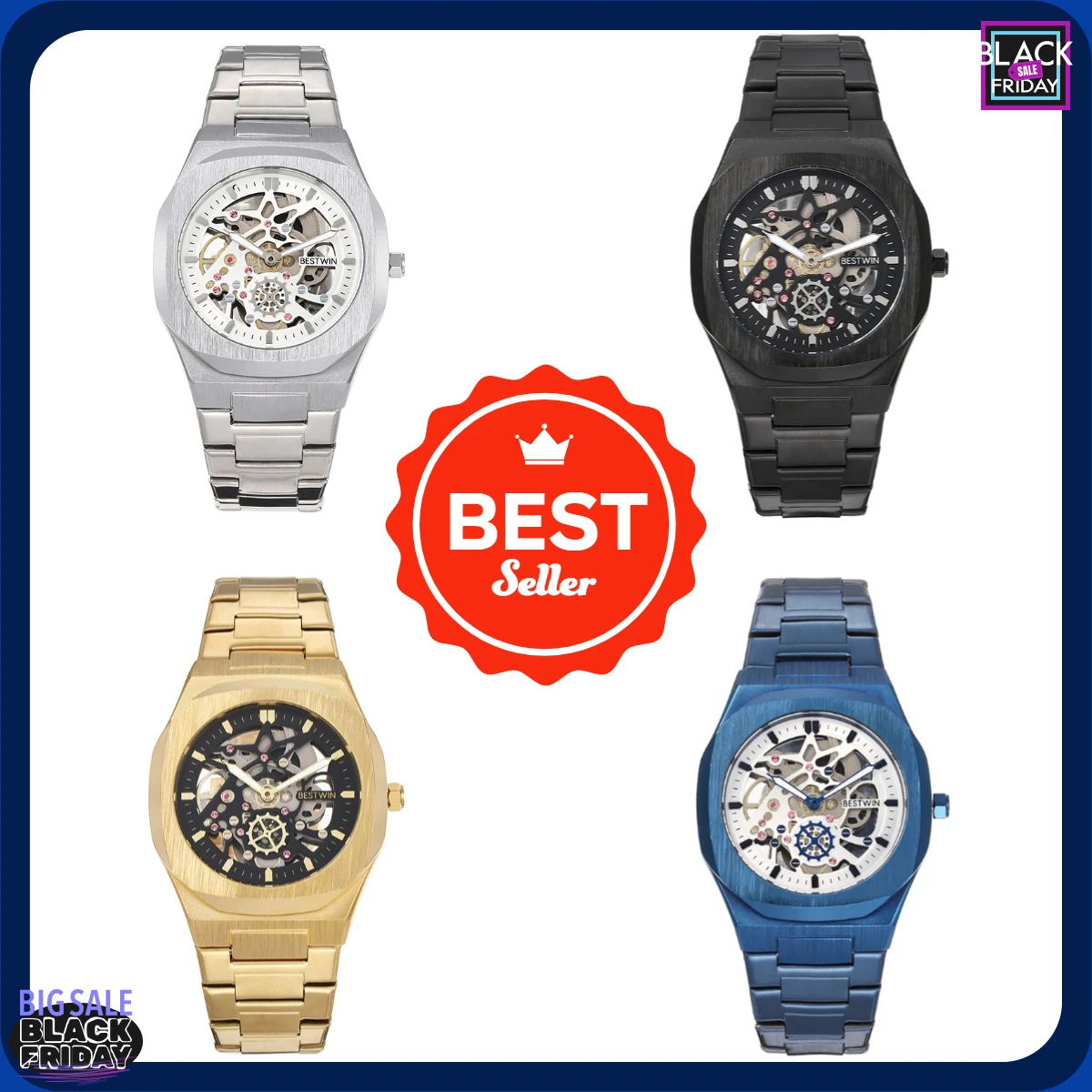 

New Fashionable Alloy Men's Watch Skeletonized Back Design Butterfly Clasp Strap High-Quality Men's