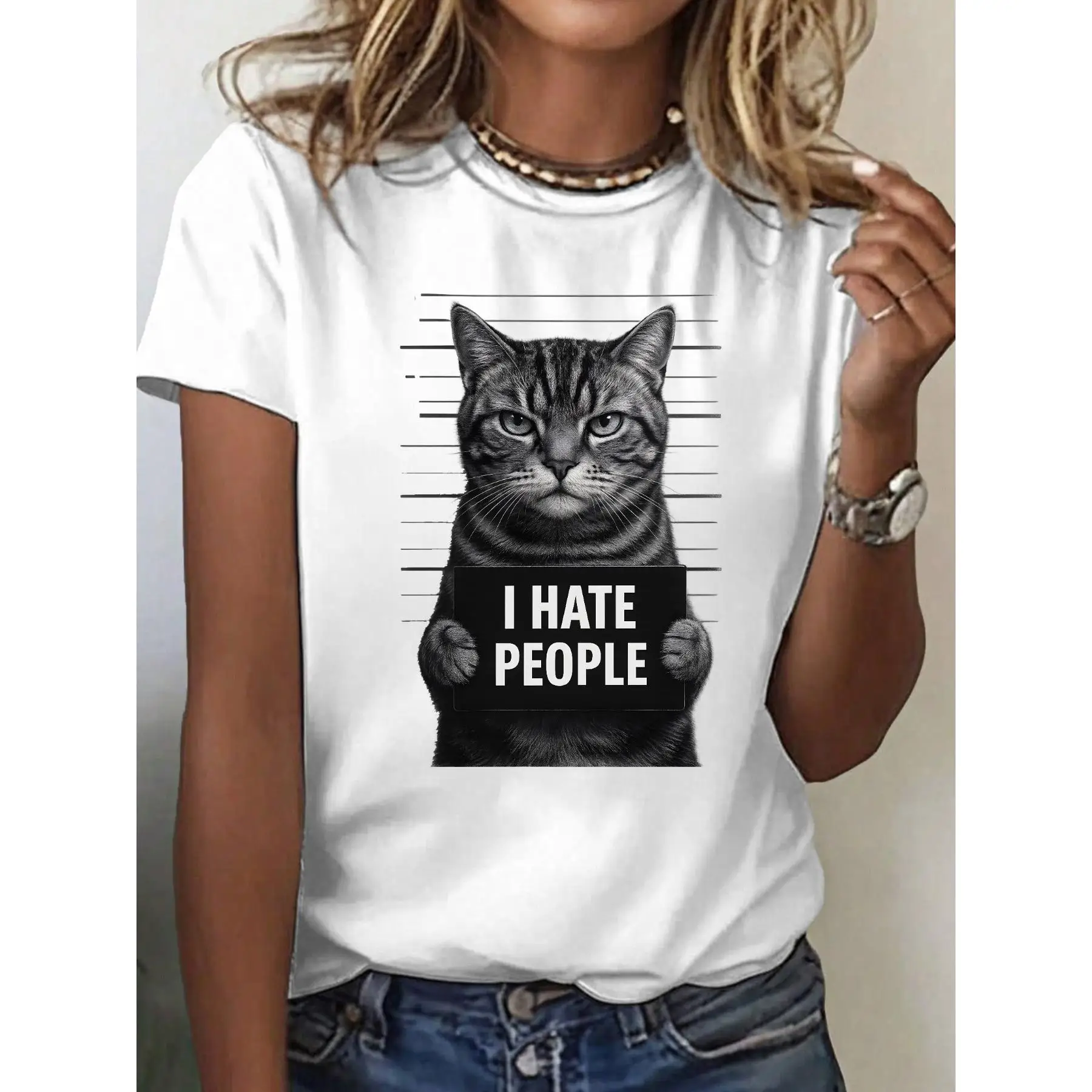 

Funny Cat T-shirt I Hate People Print Tee Women's Cute Animal Graphic Tops Mugshot Kitty Tees Cat Lovers Gift