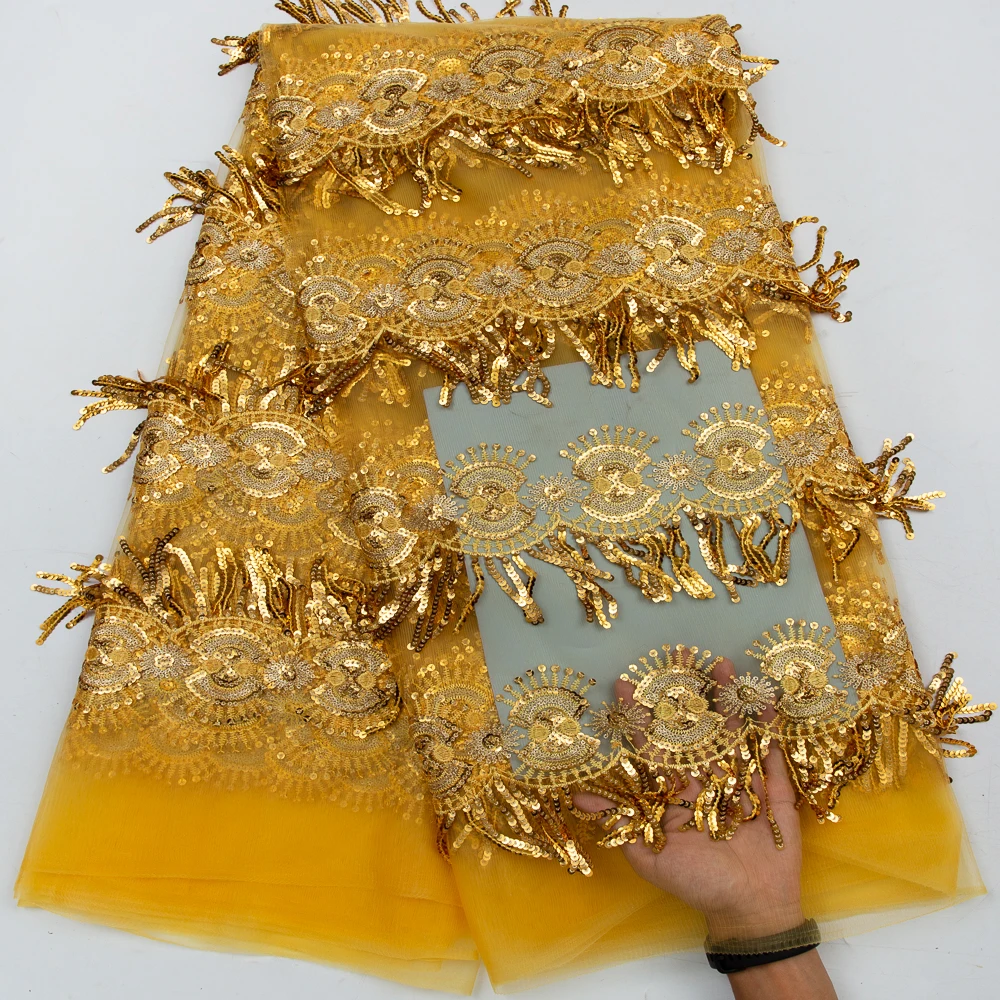 Luxuriöser afrikanischer Tüllstoff mit goldenen Quasten und Pailletten, nigerianische Stickerei, Tüllspitze für Hochzeits- und Partykleider, zum Nähen, 5 Yards.