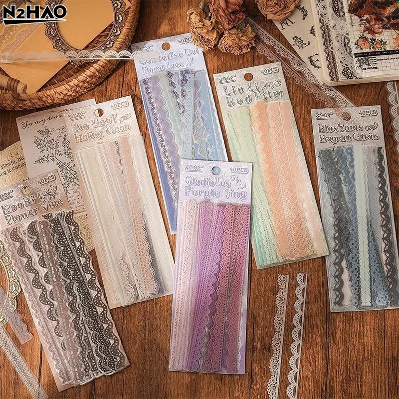 Vintage Hollow Lace Sticker Sets 40 Pieces Per Pack Assorted Colors Perfect For Journaling Scrapbooking DIY Crafts