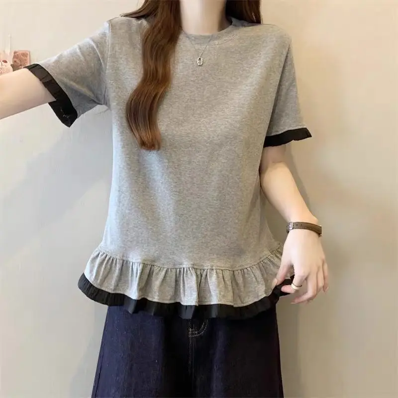 

Новинка лета 2025 года, женская повседневная футболка с короткими рукавами и рюшами, универсальный топ