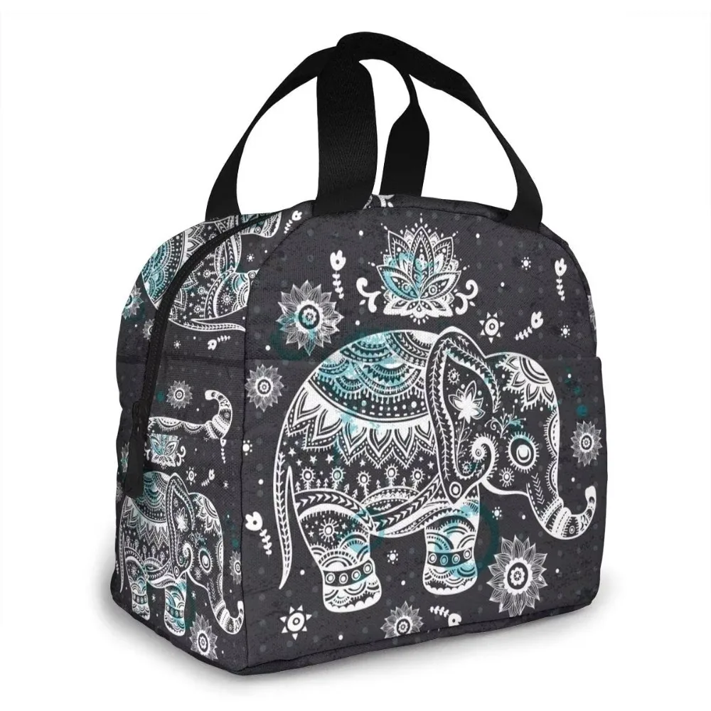 Indian African Lotus Ethnic Elephant Thermal Lunch Bag Insulated Lunch Box Cooler Bento Tote Bag for Picnic Camping Work Travel