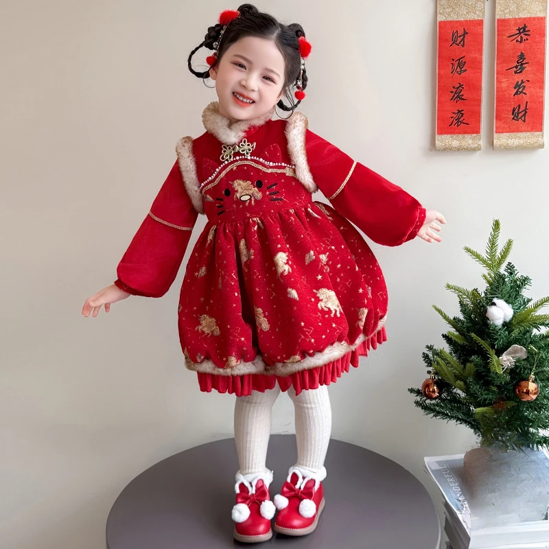 2025 New Year's Hot Selling Girls' Holiday Atmosphere Cute Flower Buds with Velvet Warm Dress