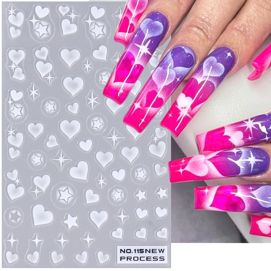 3D Heart Stars Nail Stickers Matte White Airbrush y2k Love Heart Valentines Gradient Bloomming Slider Gel Polish Nail Decoration