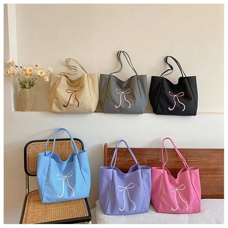 

Women's Tote Bag Korean Bow Embroidery Sweet Canvas New Hand Bag Large Capacity Portable High Quality Luxury Brand Shoulder Bag