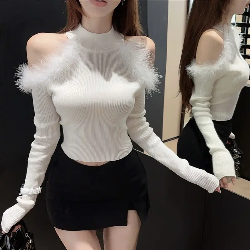 

Patchwork Hollow Out Off Shoulder T Shirts Autumn New Long Sleeve Solid Color Slim Short Y2K Tops Sexy Fashion Women Clothing