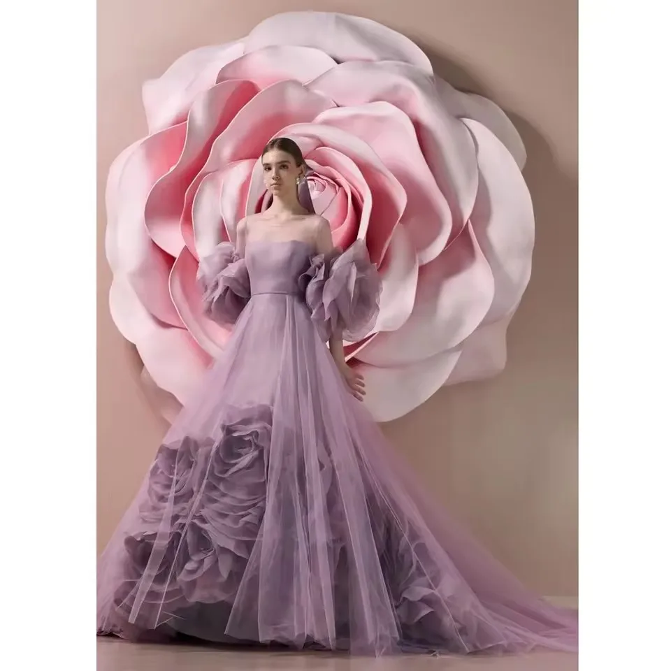 

Dreamlike Pretty Lavender Bloom Bridal Dresses Handmade 3D Flower A-line Long Wedding Gowns Luxury Formal Dress