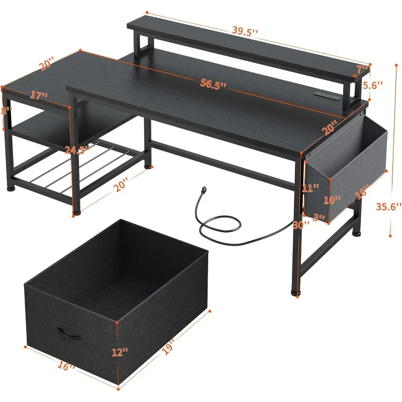 Meja 56.5" dengan Stopkontak, Meja Kantor Rumah dengan Lemari Laci Arsip, Meja Komputer dengan Laci dan Ruang Printer, HITAM