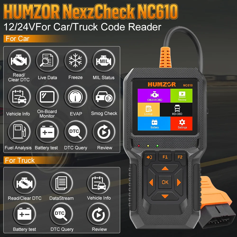 HUMZOR NC610 12V 24V Car Heavy Duty Code Reader OBDII Diagnostic Tool Live Data Battery Analysis J1939 Car Automotive Scanner