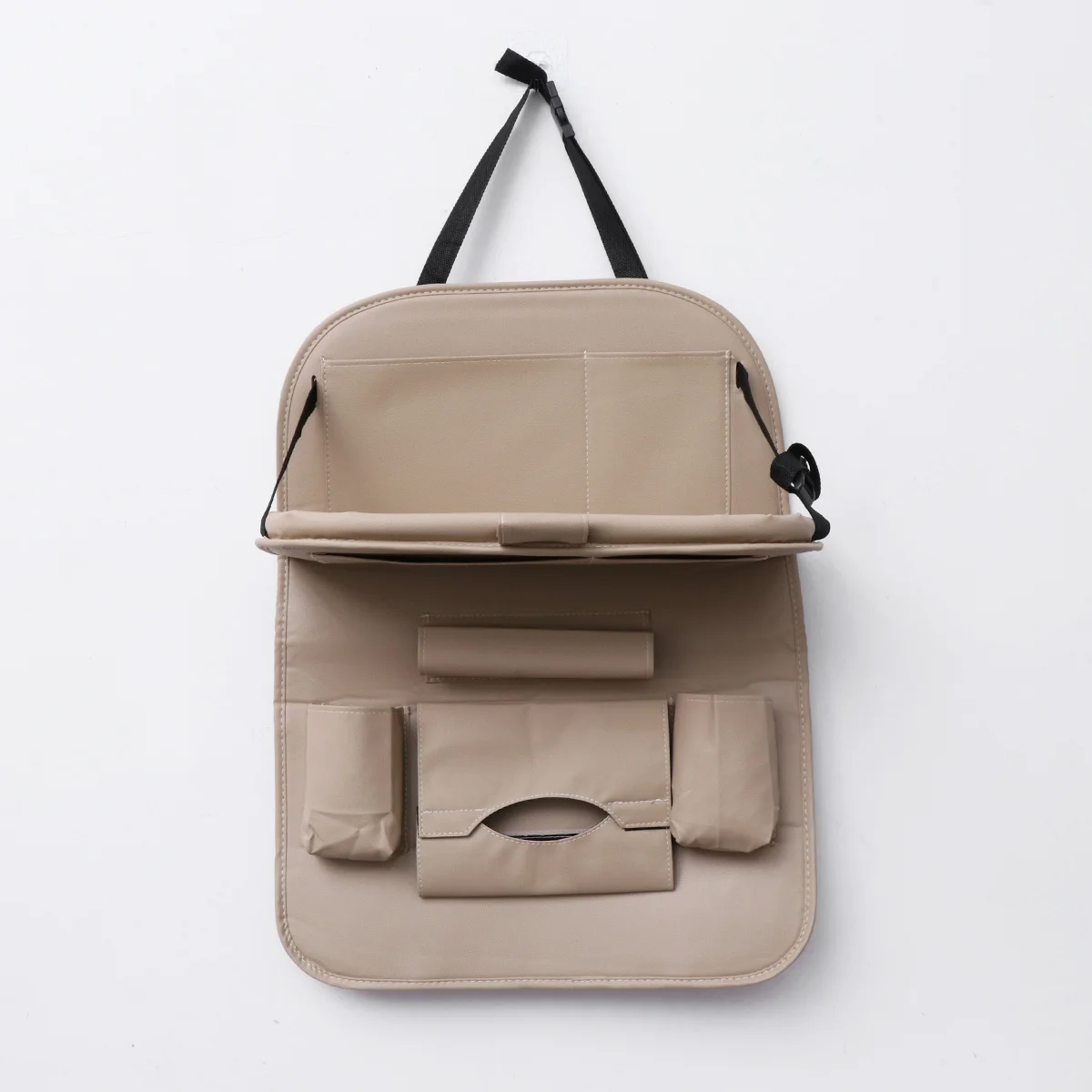 حقيبة تنظيم المقعد الخلفي للسيارة باللون البيج، حامل تخزين متعدد الوظائف، تصميم صينية قابلة للطي، سهل الاستخدام للرحلات #5