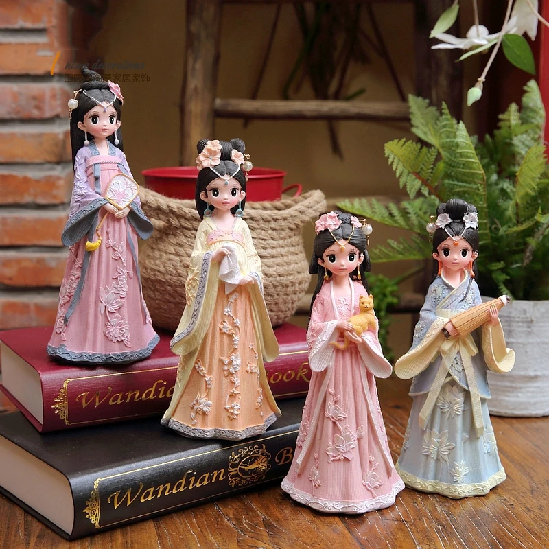 Chinese Ancient Palace Hanfu Style Girl Doll Resin Ornaments Home Livingroom Desktop Figurines Crafts Study Room Statue Decor