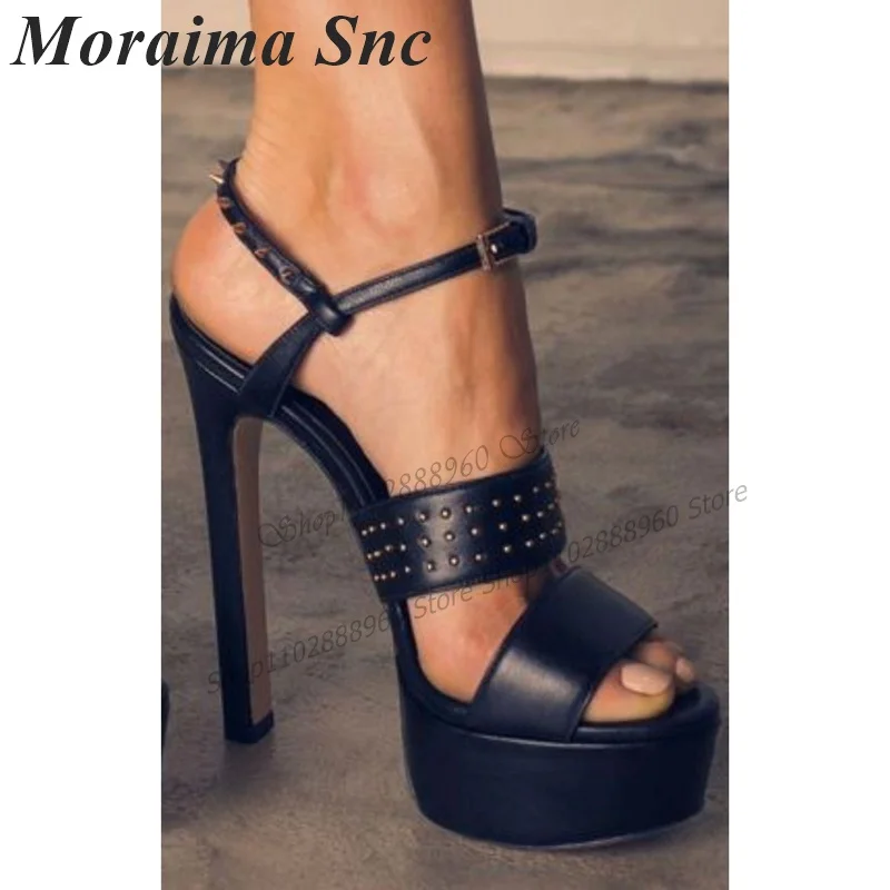 Black Platform Matte Leather Rivet Decor Sandals Thin High Heel Women Shoes Ankle Buckle Strap Open Toe 2023 Zapatos Para Mujere