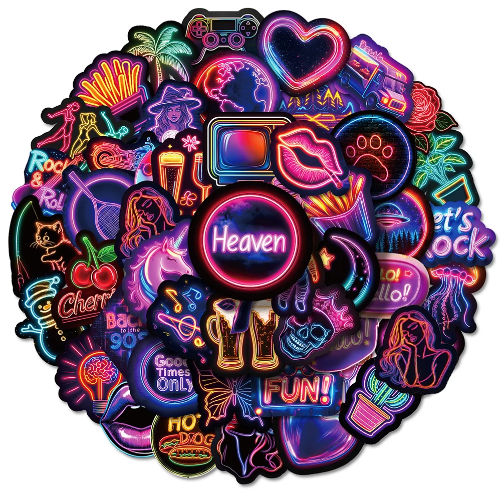 10/30/50pcs Funny Neon Light Waterproof Stickers Cartoon Decals Toy DIY Skateboard Diary Phone Laptop Aesthetic Graffiti Sticker