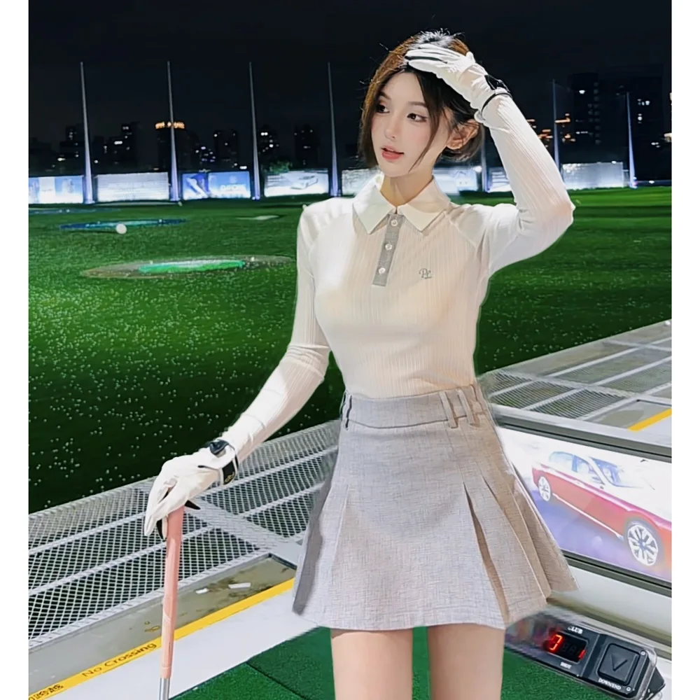 PL Spring Golf Polo Shirts Vintage Women Quick-dry Long-sleeved T-shirt Lady Retro Pleated Short Skirt Tennis Skort with Short
