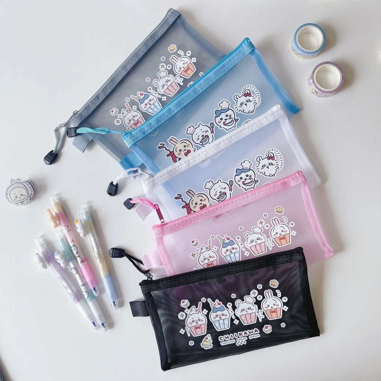 

Chiikawa Netting Pencil Case Hachiware Usagi Cartoon Waterproof Makeup Organizer Case Toiletry Bags Girls Translucent Pencil Bag