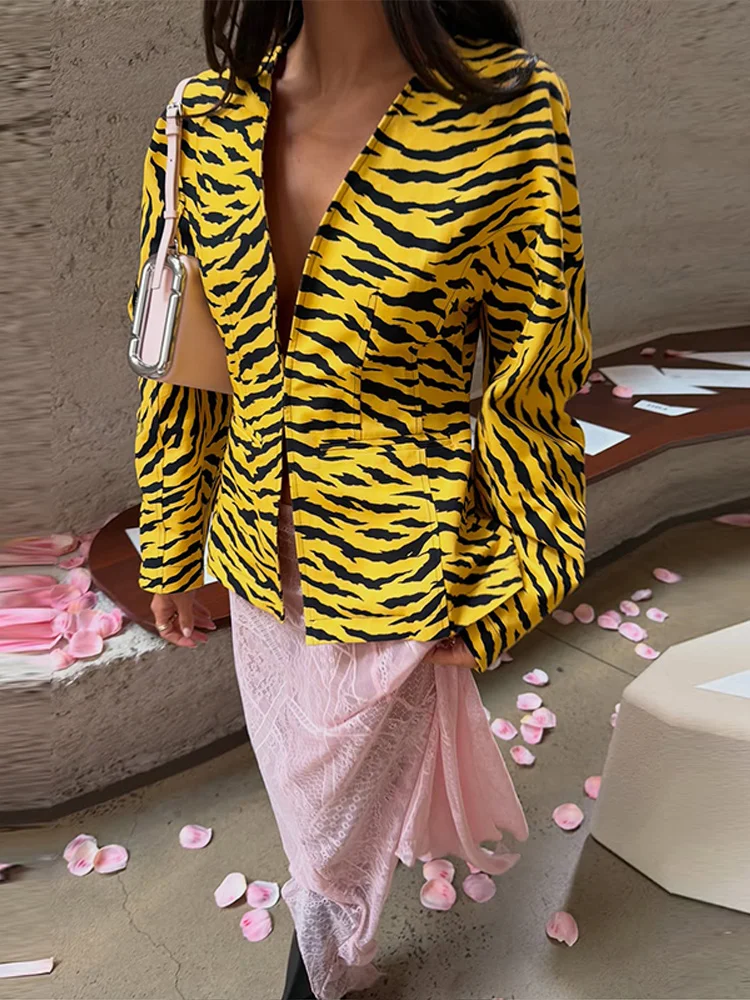 Deep V-neck Zebra Stripe Women's Jacket Covered Button Full Sleeve Loose High Street Spring Autumn Fashion Casual Coat 2026