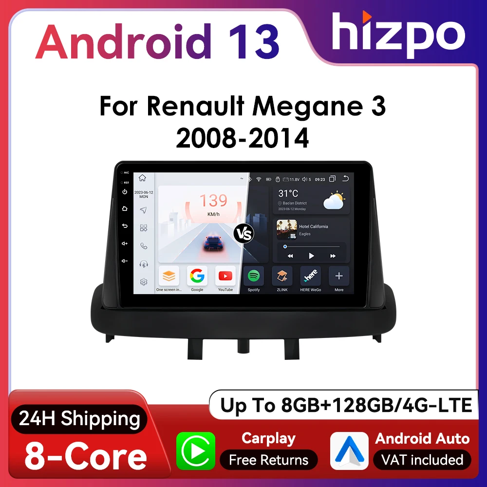 Hizpo 2Din 9inch CarPlay Android Auto Car Radio for Renault Megane 3 2008 - 2014 UI7862 Multimedia GPS BT 4G RDS DSP SWC