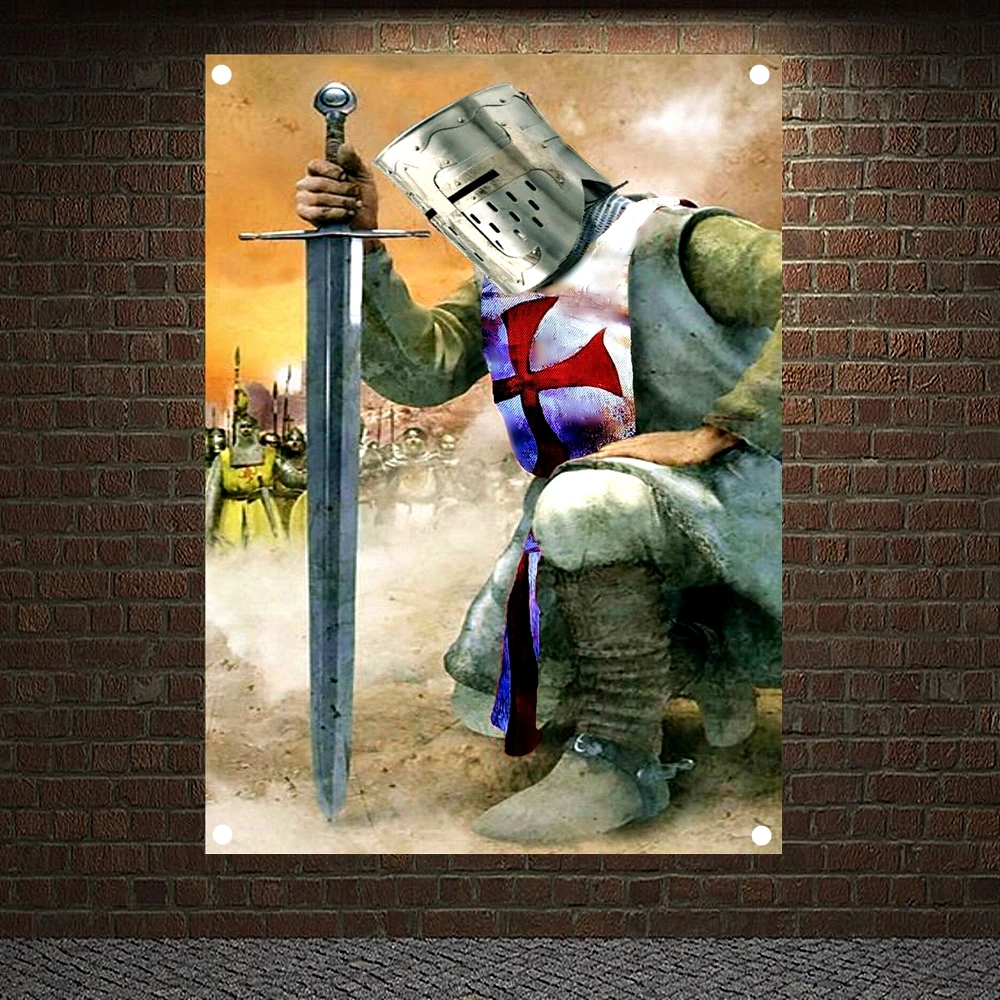 Knights Templar Art Banners Vintage Medieval Warrior Crusader Posters Wall Art Flags Mural Canvas Painting Home Decoration R4