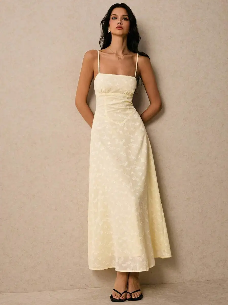 

Cream Floral Jacquard Spaghetti Strap A-Line Cami Dress