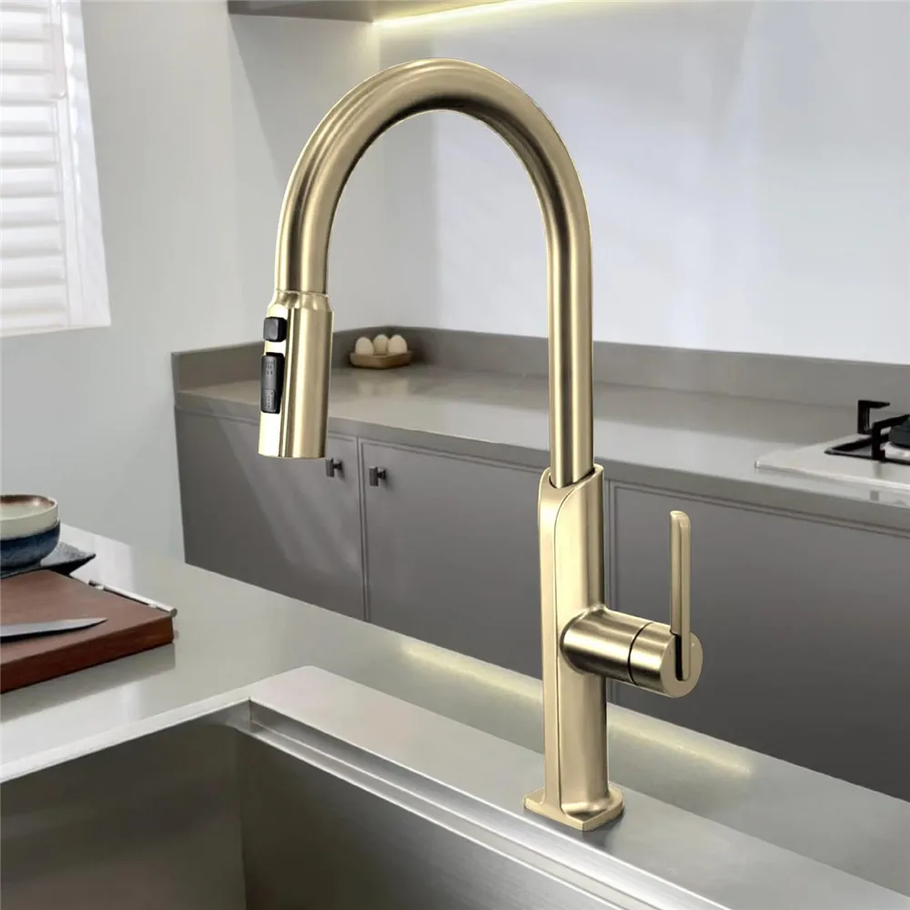 Brushed Gold Pull Out Kitchen Faucet SUS304 Sink Faucet Mixer Tap 360 degree rotation torneira cozinha mixer taps Kitchen Tap