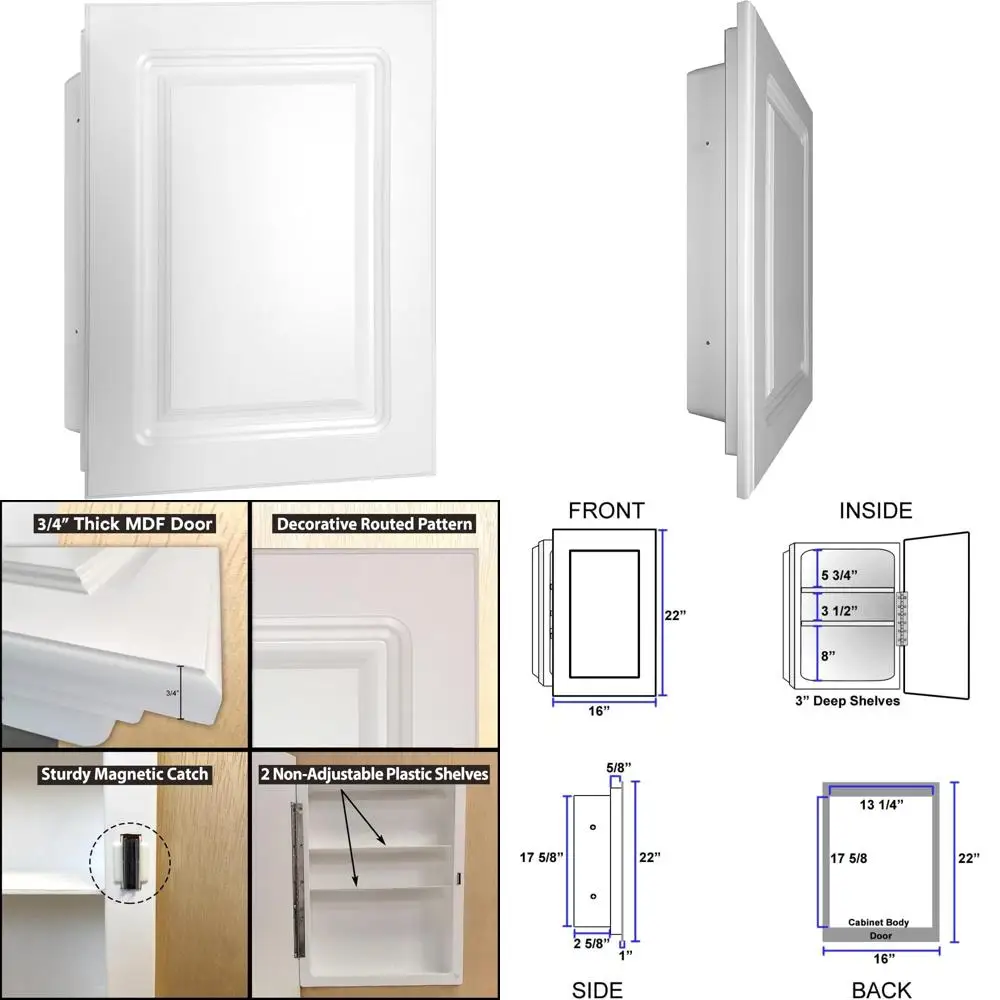 

16 x 22 White Recessed Medicine Cabinet with Fixed Shelves for Bathroom Storage