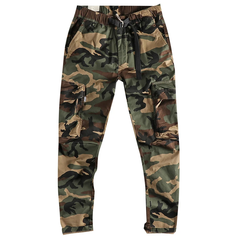 377# Four Seasons New American Retro Woven Camouflage Cargo Pants Men\'s 97% Cotton Washed Multi-pocket Casual Straight Trousers