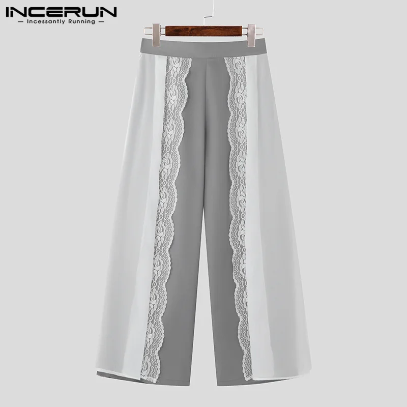 INCERUN 2024 American Style Trousers Casual New Men Laces Edge Splicing Design Pantalons Fashionable Male Hot Sale Wide Leg Pant