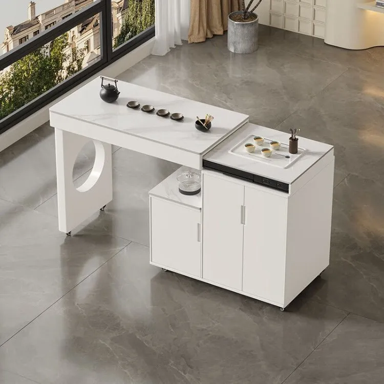 

Movable and retractable rotating tea cart light luxury kettle integrated balcony household small apartment rock slab tea table