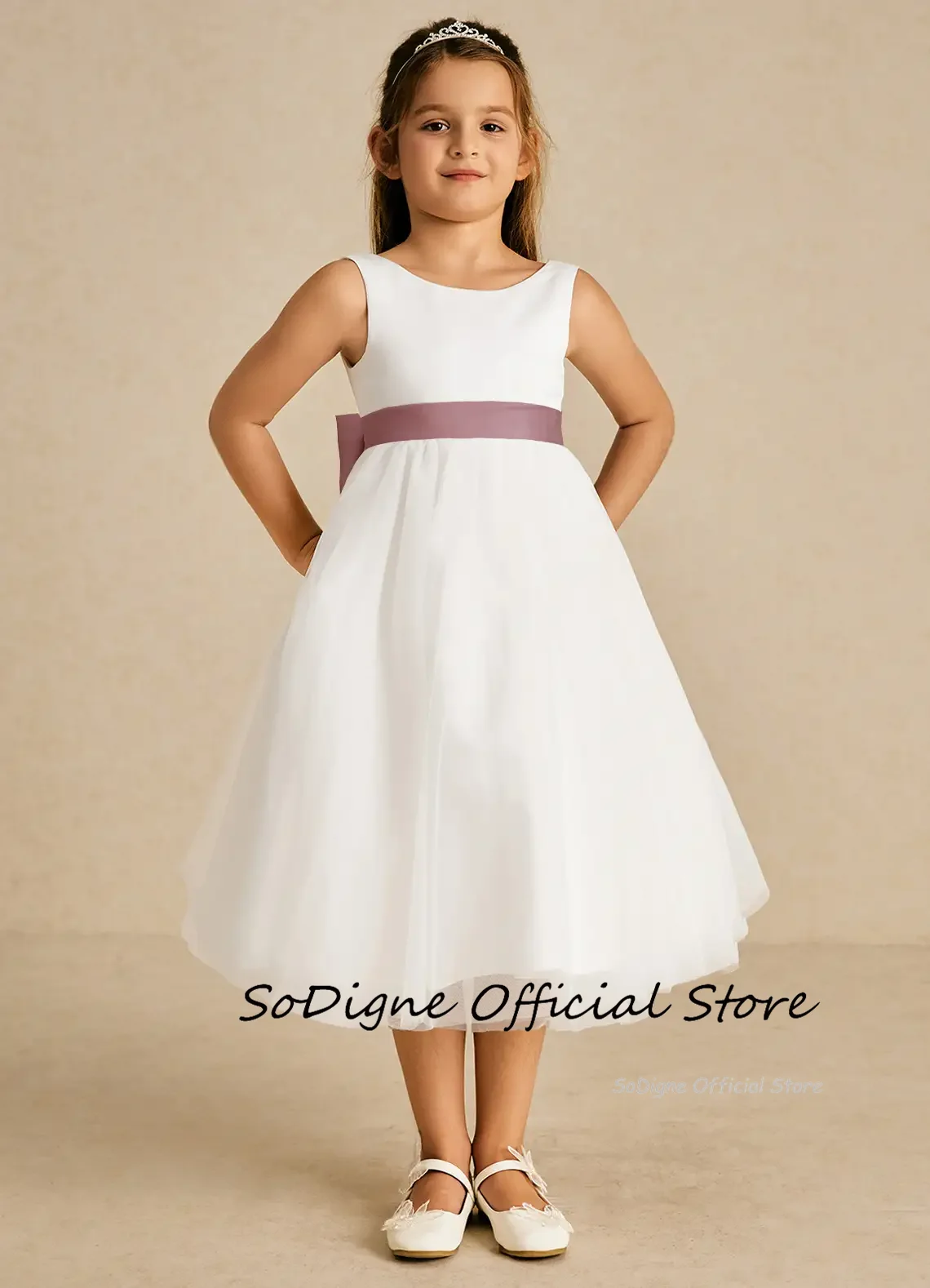 SoDigne A-line Simple Flower Girl Dress O-neck Sleeveless Tulle Skirt Girls Party Dresses Customized Kid Gown with Bow